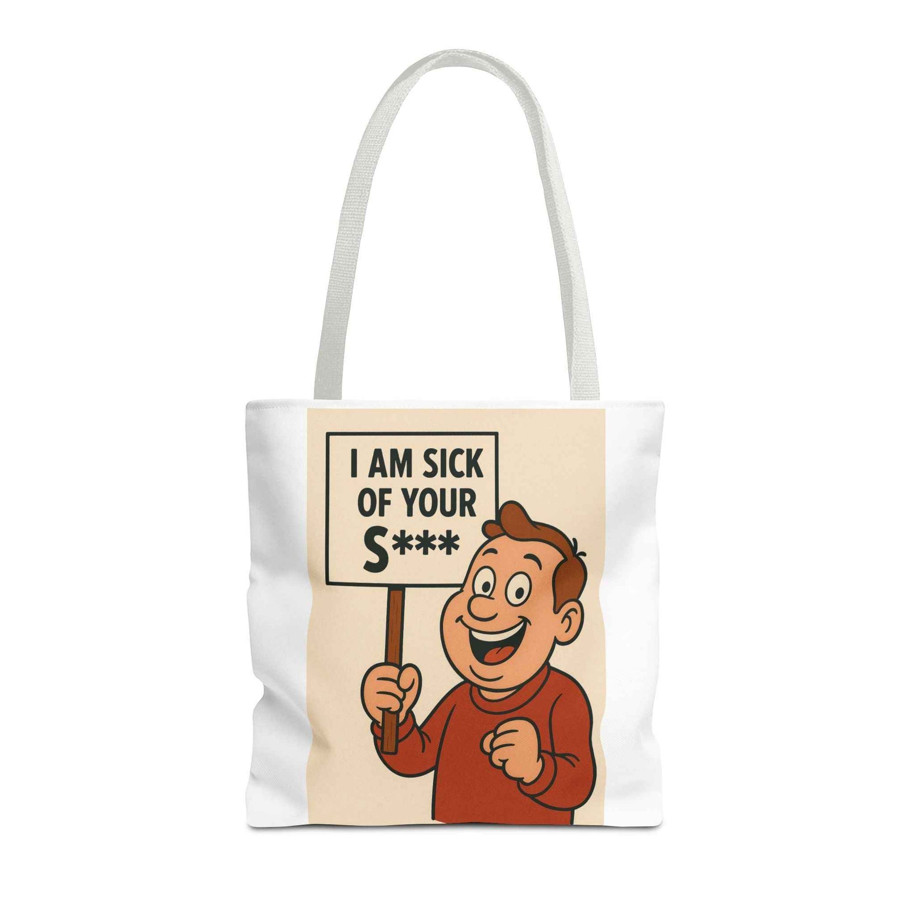 Frontansicht einer schwarzen Tote Bag mit Retro-Comicfigur, die ein Protestplakat mit zensierter Botschaft zeigt, True Insights.