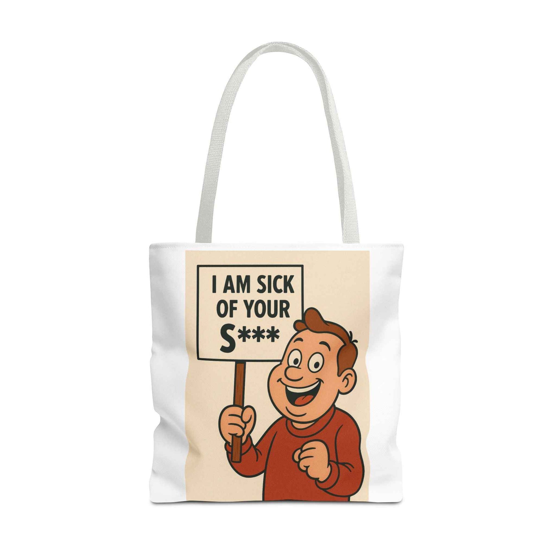 Frontansicht der schwarzen Tote Bag mit Retro-Comic-Charakter, der ein zensiertes Protestplakat hält, True Insights.