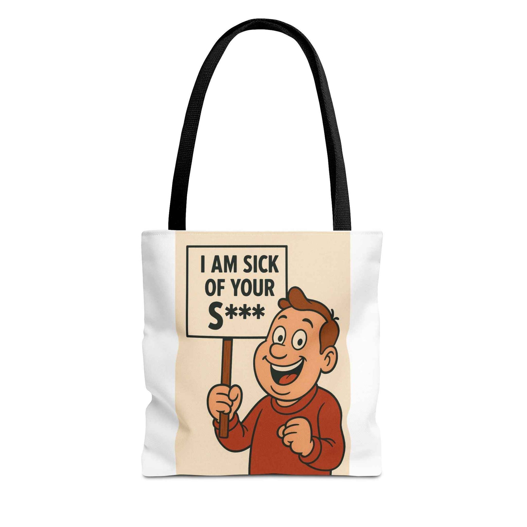 Nahaufnahme, Frontansicht einer schwarzen Tote Bag mit retro-Comic-Figur, die ein Protestplakat hält und zynisch grinst, True Insights.