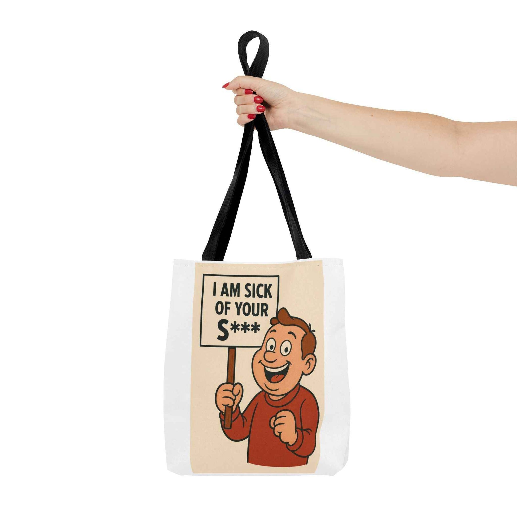 Frontansicht einer schwarzen Tote Bag mit Retro-Comicfigur, die grinsend ein zensiertes Protestplakat hochhält, von True Insights.