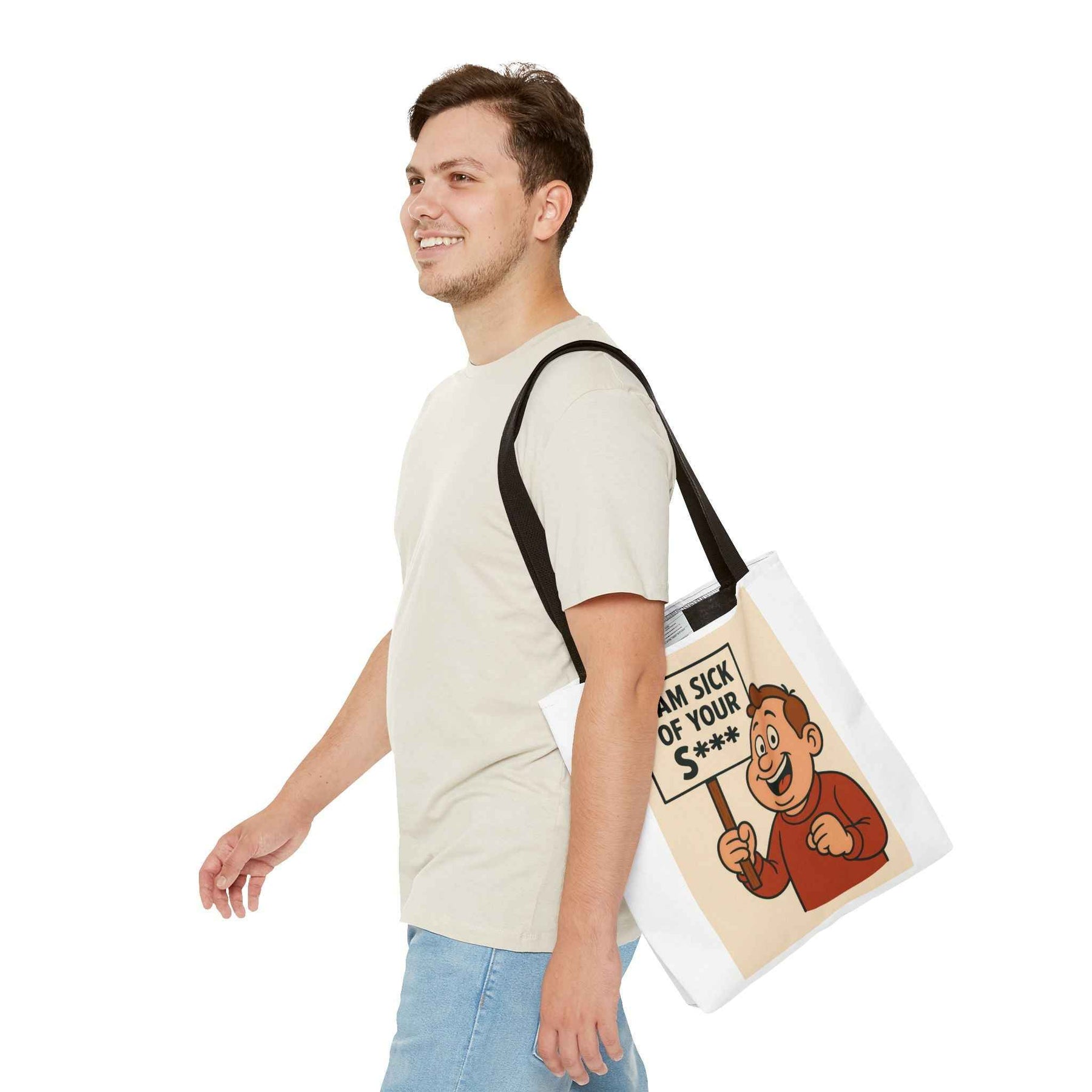 Frontansicht einer schwarzen Tote Bag mit Retro-Comic-Figur, die ein Protestplakat mit zensiertem Spruch trägt, zeigt True Insights.