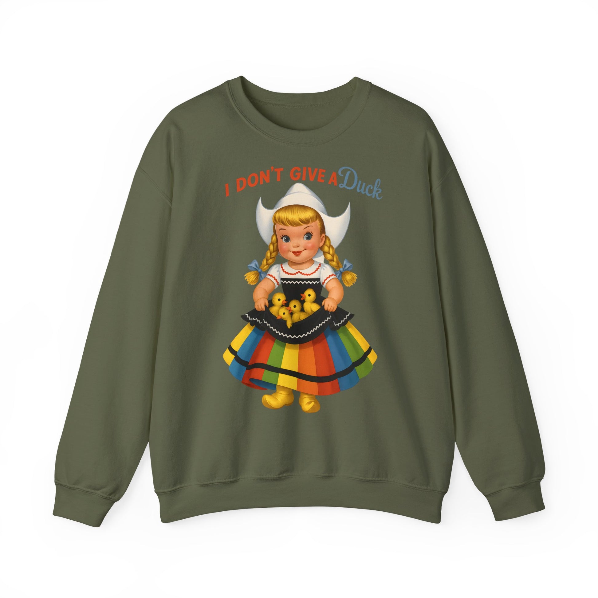 Sweatshirt – I Don't Give a Duck | Nostalgisches Vintage-Mädchen mit Küken – Humorvoll & Originell | True Insights Design mit Humor