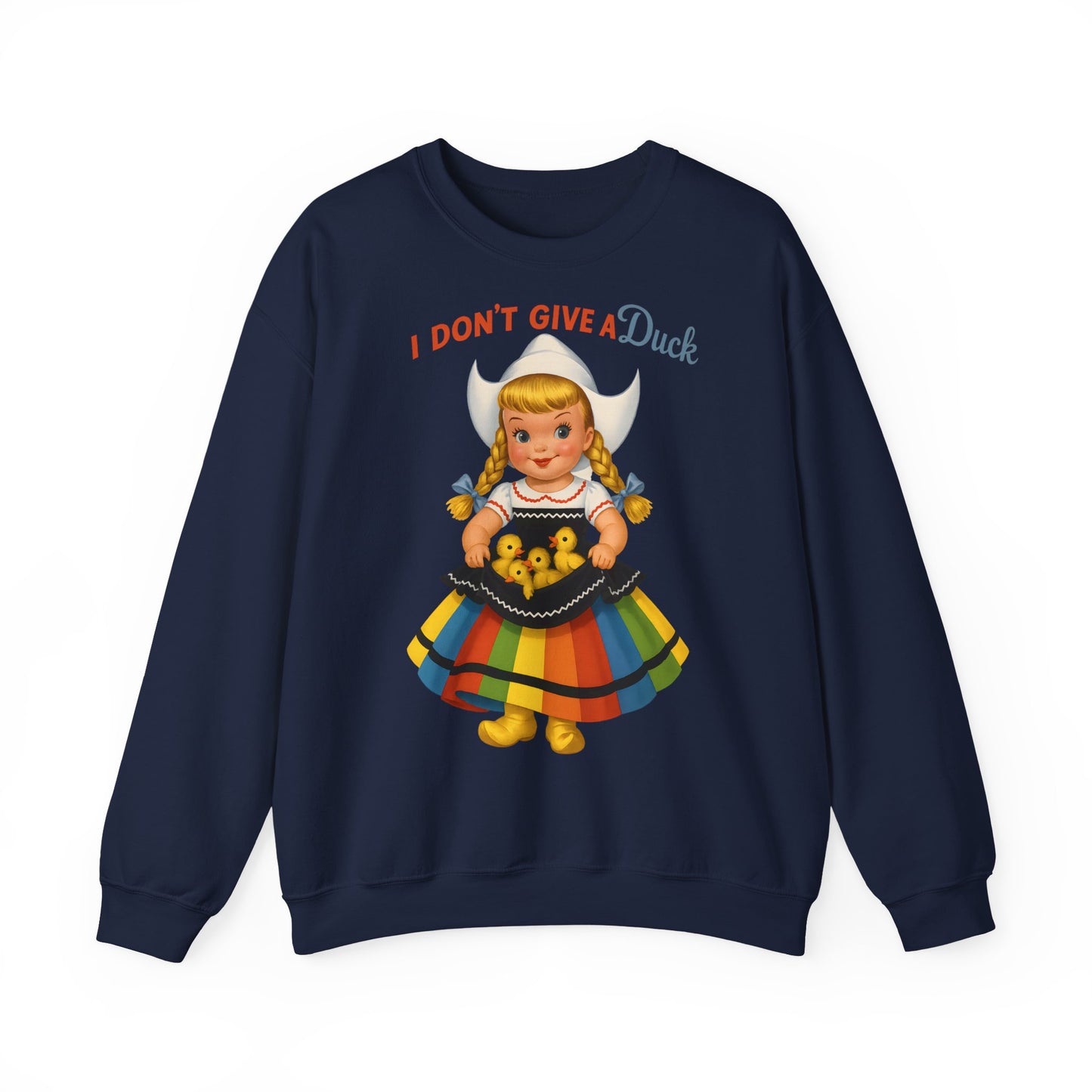 Sweatshirt – I Don't Give a Duck | Nostalgisches Vintage-Mädchen mit Küken – Humorvoll & Originell | True Insights Design mit Humor