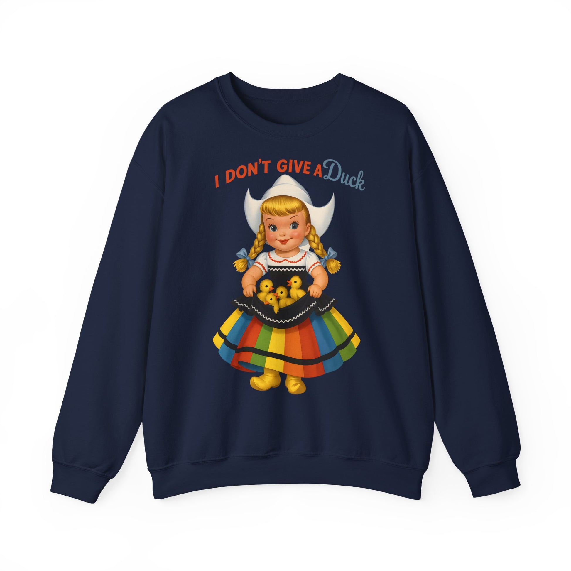 Sweatshirt – I Don't Give a Duck | Nostalgisches Vintage-Mädchen mit Küken – Humorvoll & Originell | True Insights Design mit Humor