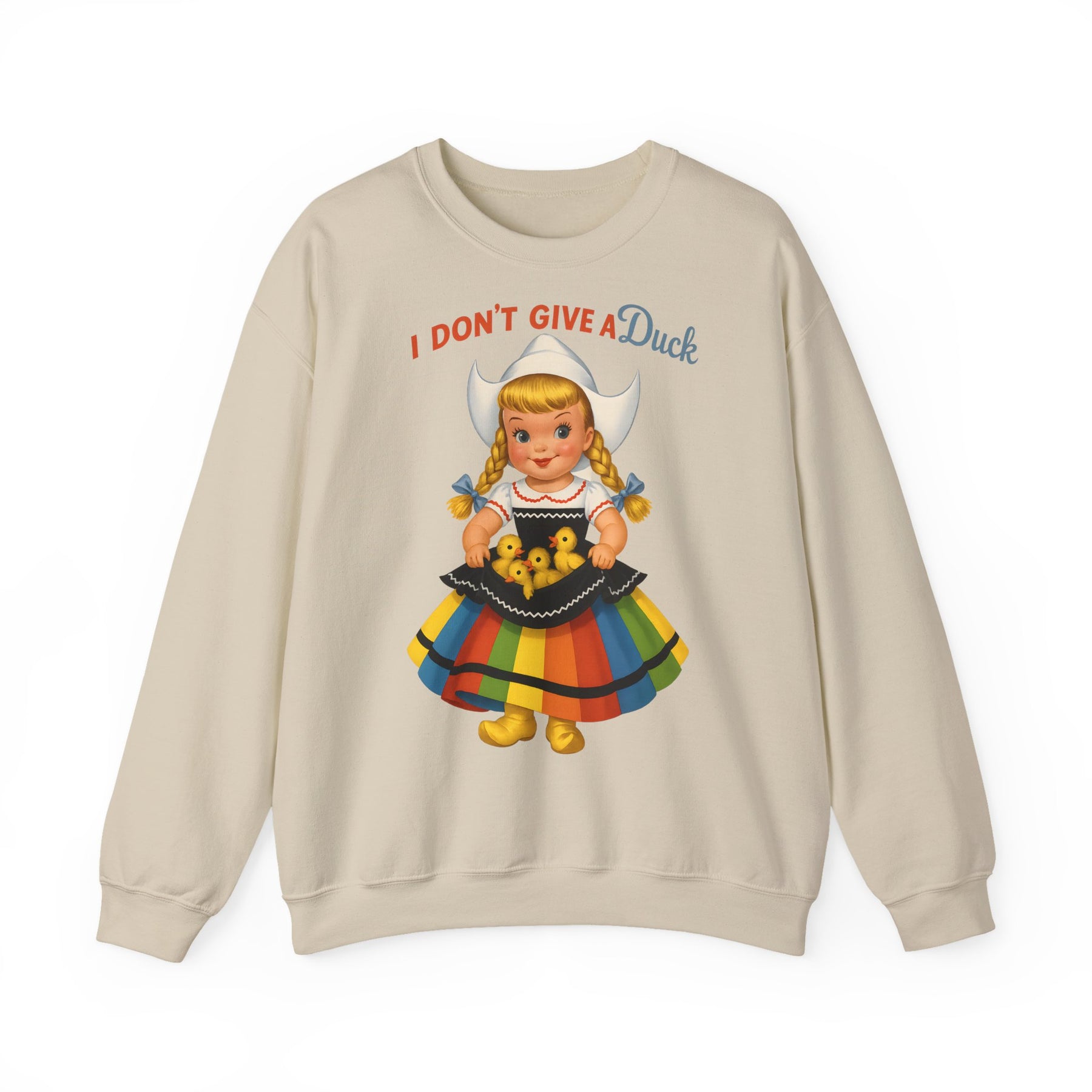 Zeigt ein aschgraues Vintage-Sweatshirt in Frontansicht mit humorvollem Kükenmotiv und Nostalgie-Print, von True Insights.