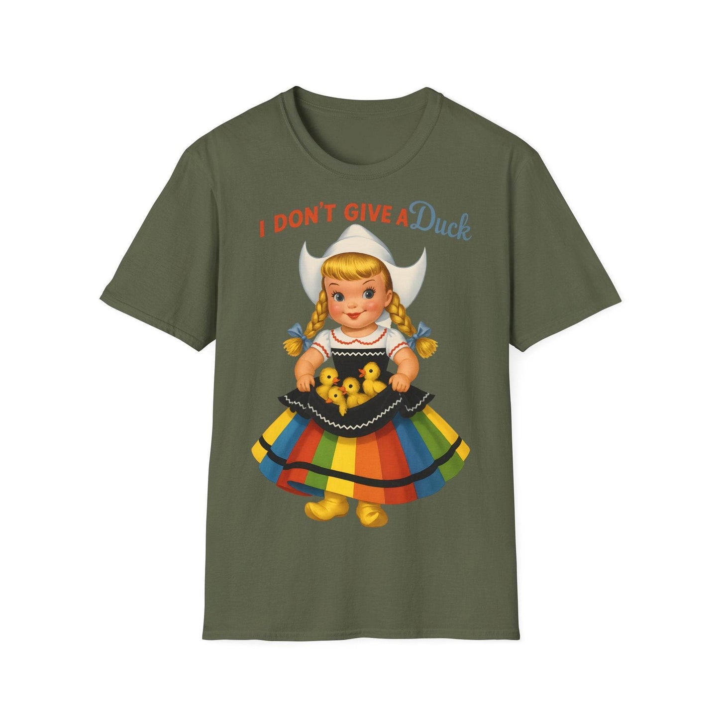 "I Don't Give a Duck | Nostalgisches Vintage-Mädchen mit Küken – Humorvoll & Originell" – Freches Satire-Design für mutige Statements | True Insights
