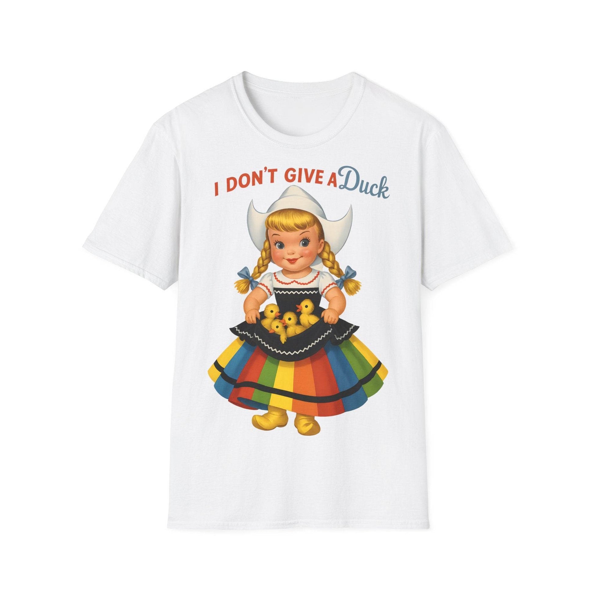 "I Don't Give a Duck | Nostalgisches Vintage-Mädchen mit Küken – Humorvoll & Originell" – Freches Satire-Design für mutige Statements | True Insights