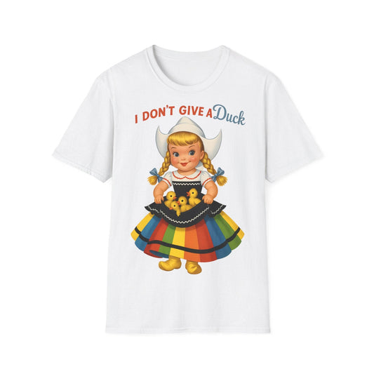 "I Don't Give a Duck | Nostalgisches Vintage-Mädchen mit Küken – Humorvoll & Originell" – Freches Satire-Design für mutige Statements | True Insights