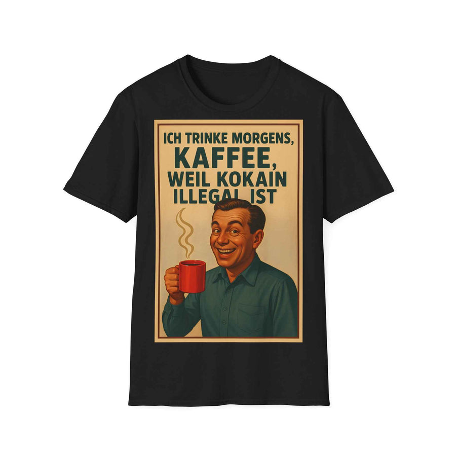 Fotografiert ein anthrazitfarbenes T‑Shirt in Frontansicht mit Retro-Kaffee-Slogan und 50er‑Jahre-Grafik, von True Insights.