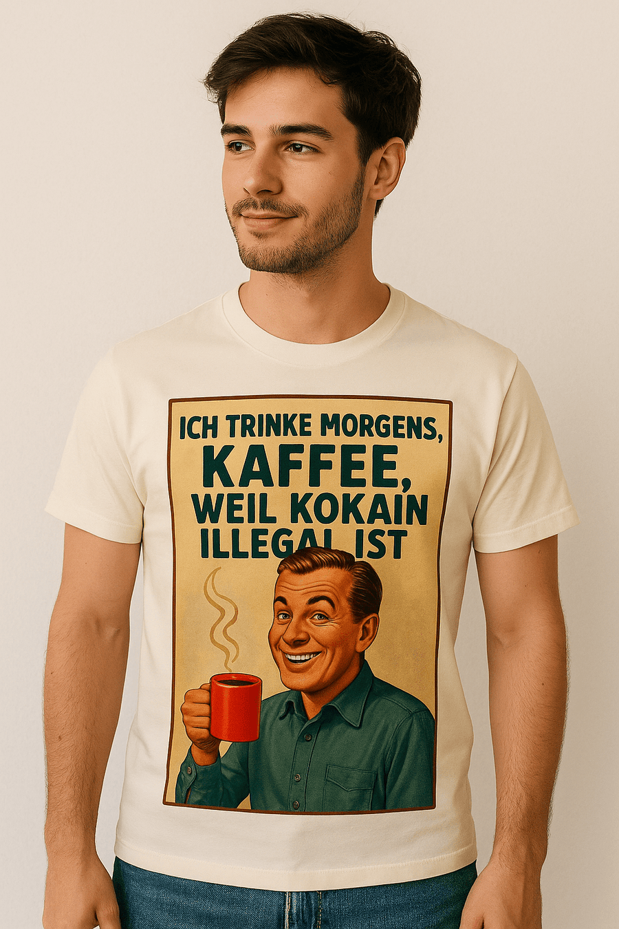 Ein anthrazitfarbenes T-Shirt zeigt in Frontansicht ein Retro-Textmotiv mit humoristischem Kaffee-Slogan von True Insights.