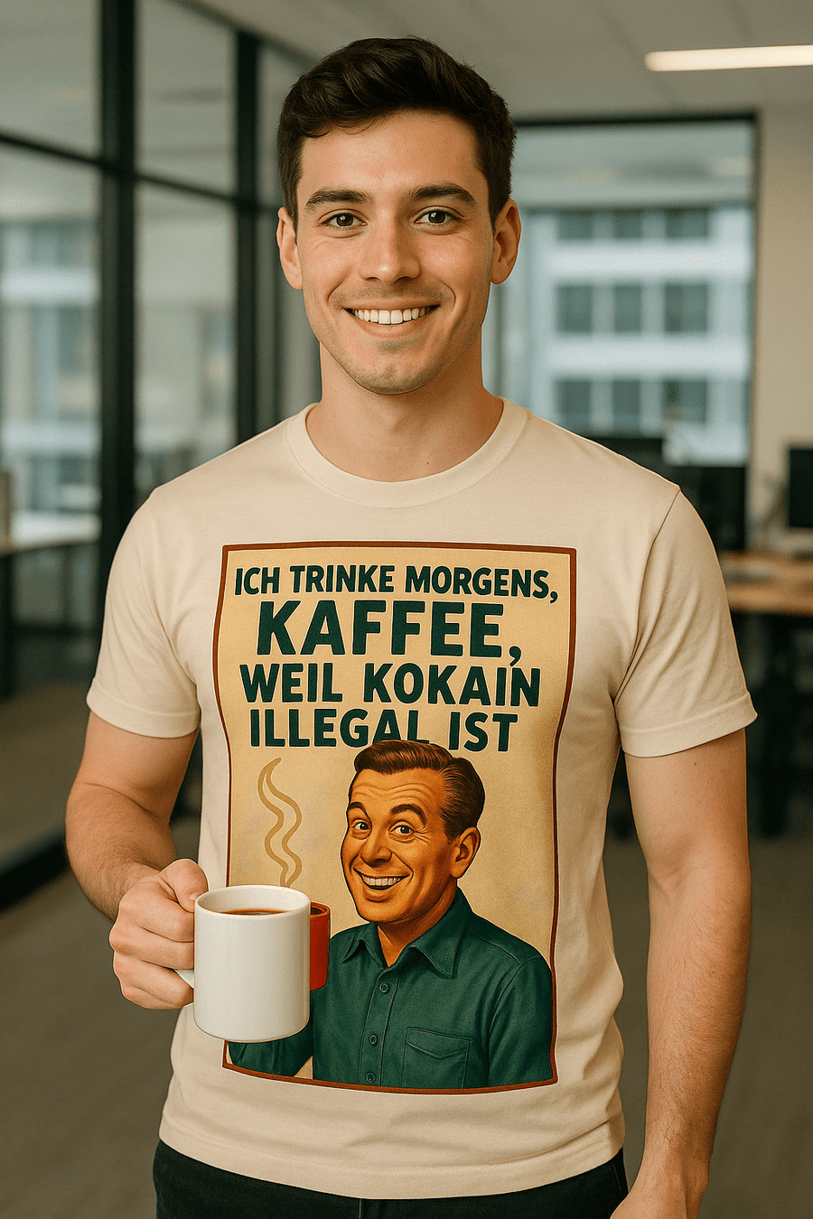 Zeigt ein anthrazitfarbenes T‑Shirt mit retro‑50er‑Design und humorvollem Kaffee‑Spruch, aus dem Sortiment von True Insights.