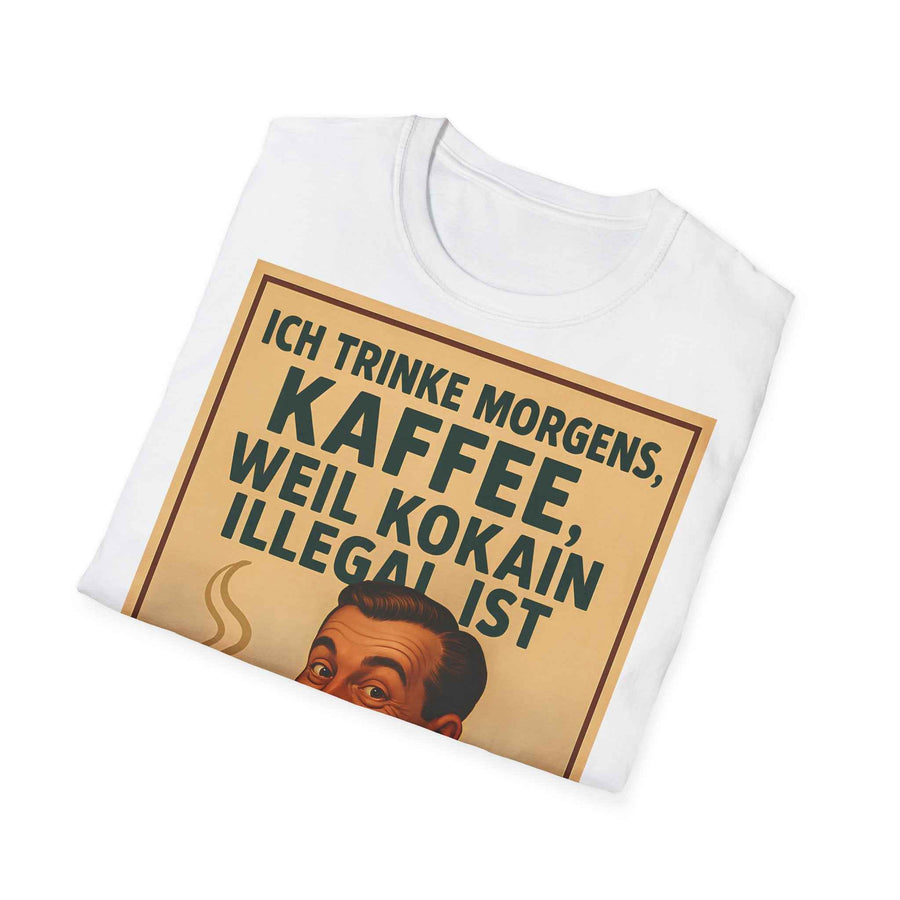 Das anthrazitfarbene T-Shirt zeigt frontal ein 50er-Jahre Retro-Kaffee-Schriftmotiv mit sarkastischem Spruch, von True Insights.