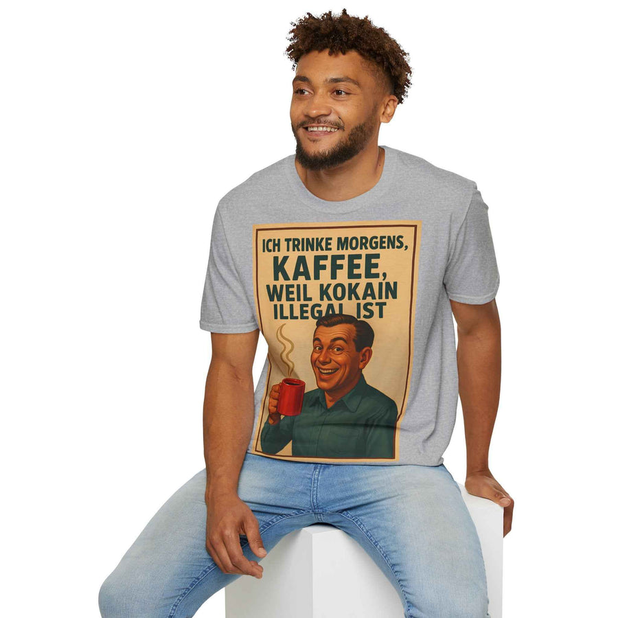 Zeigt ein anthrazitfarbenes T‑Shirt vorn mit retro 50er-Jahre Kaffee-Print und sarkastischem Spruch, präsentiert von True Insights.