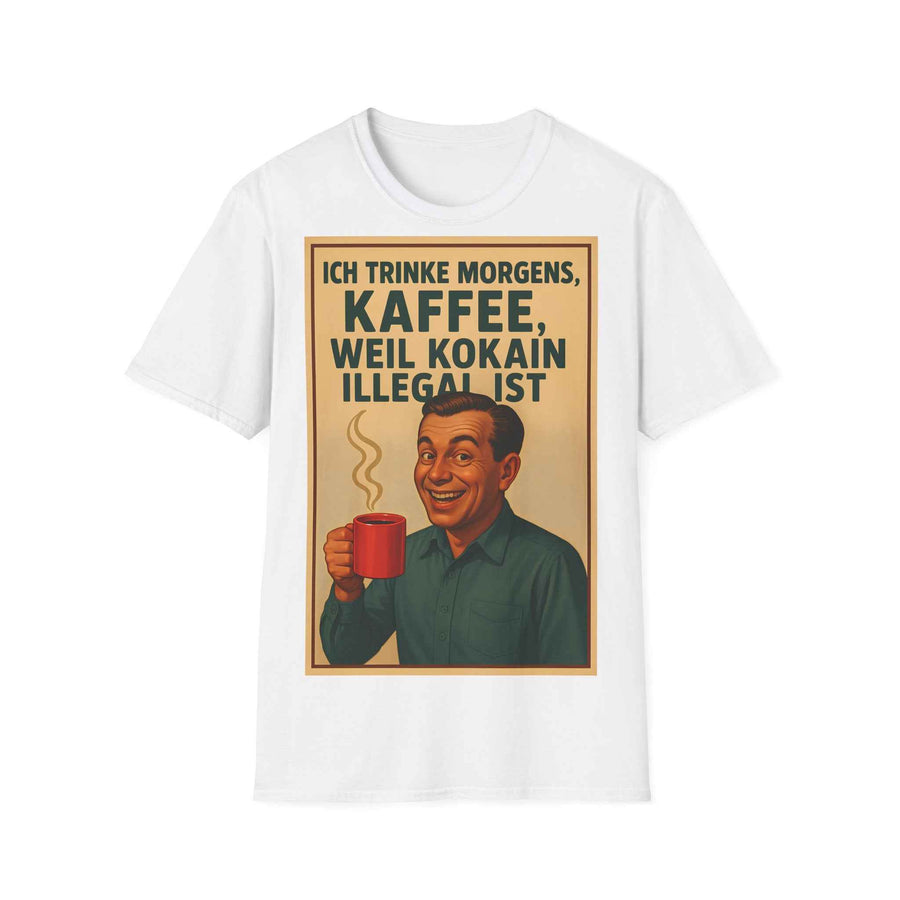 Anthrazitfarbenes T‑Shirt zeigt frontal den retroaufgedruckten Spruch mit Kaffee-Illustration, von True Insights.