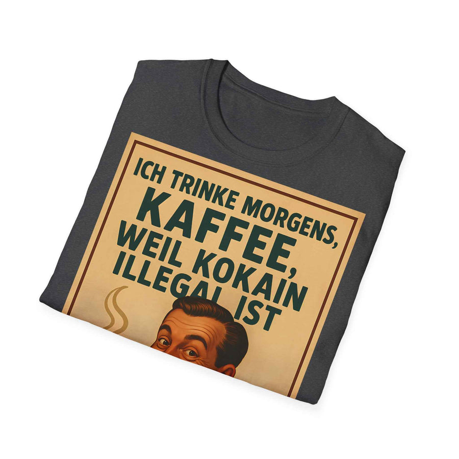 Ein anthrazitfarbenes T‑Shirt in Vorderansicht zeigt einen retro Kaffee-Print mit Text auf der Brust von True Insights.