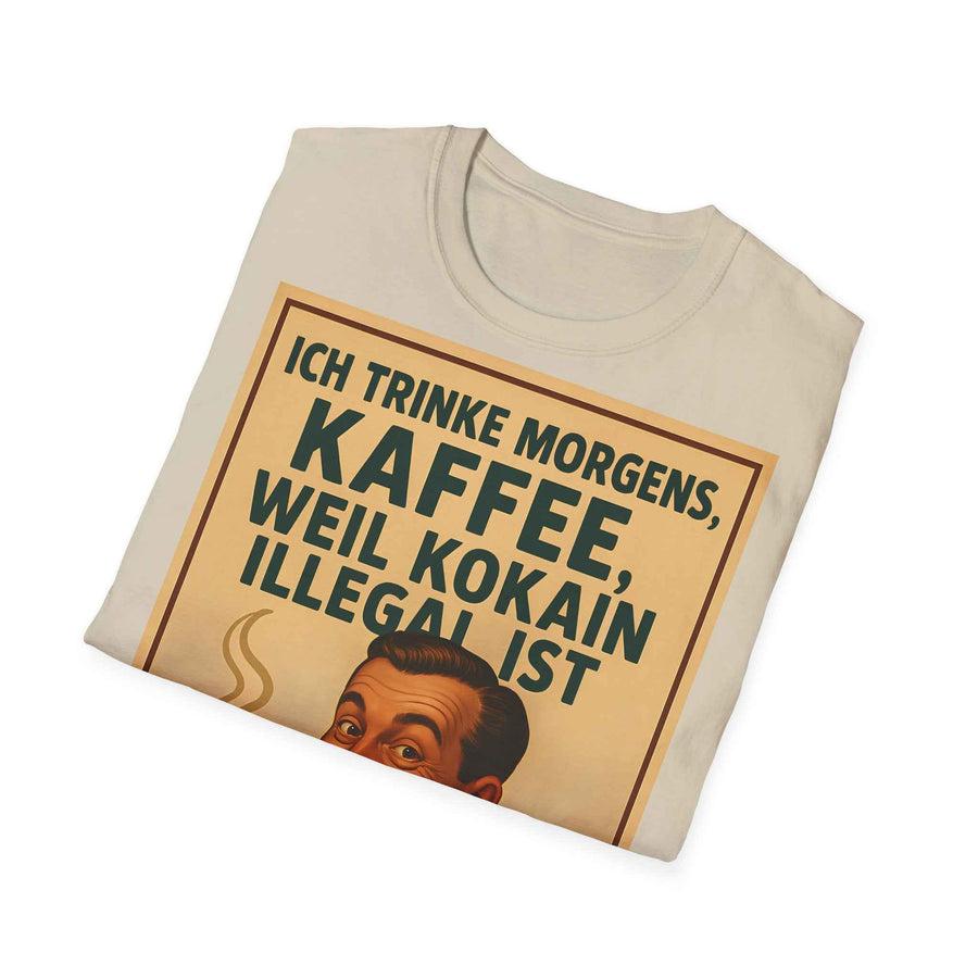 Zeigt die Frontansicht eines anthrazitfarbenen T-Shirts mit retro-50er-Schriftzug „I drink coffee…“ und ironischem Kaffee-Motiv, aus dem Sortiment von True Insights.