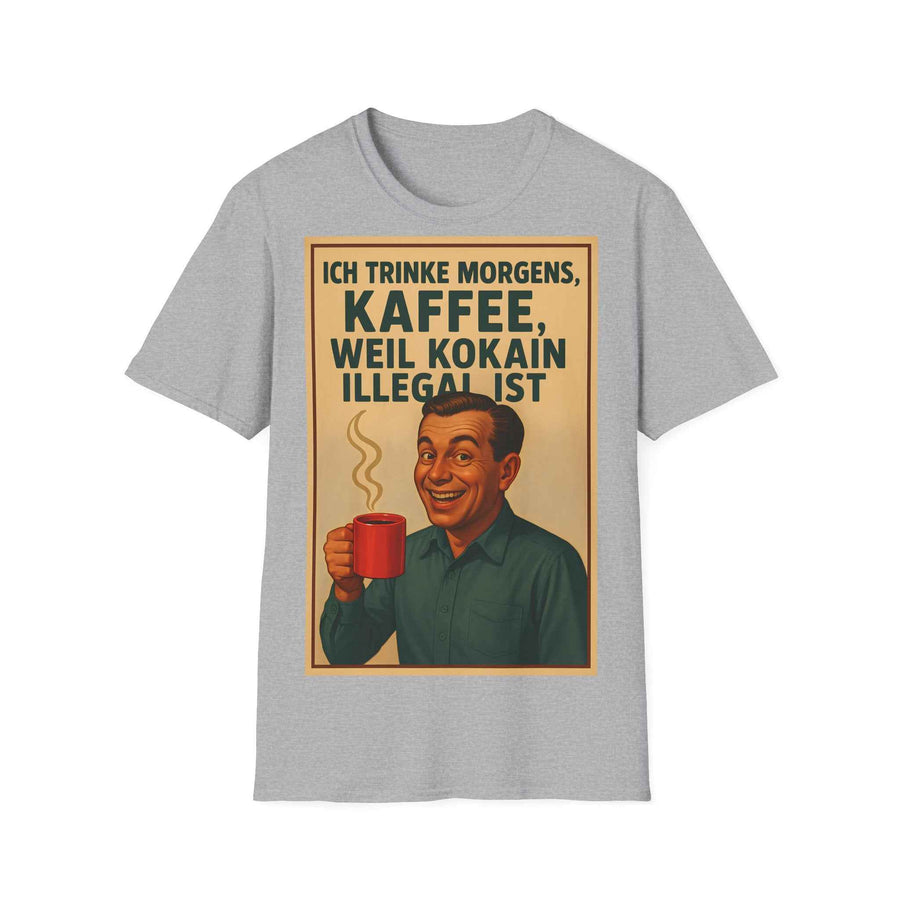 Das anthrazitfarbene T‑Shirt mit Retro‑Kaffee‑Slogan in Frontansicht zeigt humorvollen 50er‑Style, von True Insights.