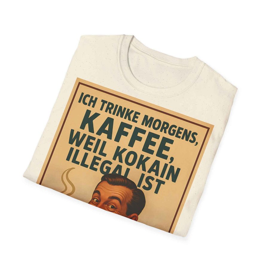 Ein anthrazitfarbenes T-Shirt zeigt in Frontansicht einen retro Kaffeespruch im 50er-Jahre-Stil von True Insights.