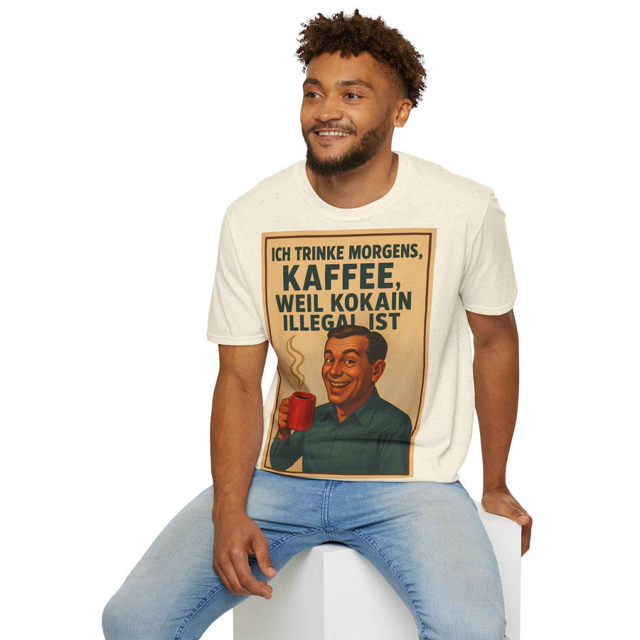 Zeigt Vorderansicht eines anthrazitfarbenen T‑Shirts mit retro 50er-Jahre Kaffee-Print und Text von True Insights.