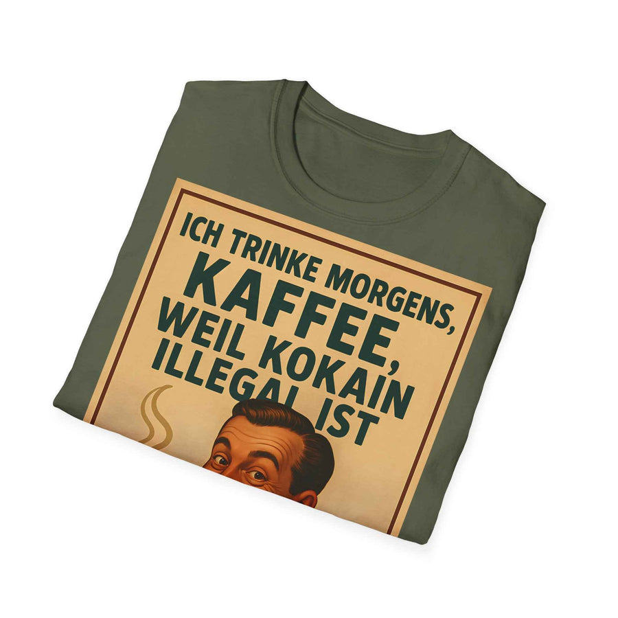 Die Vorderansicht zeigt ein anthrazitfarbenes T-Shirt mit 50er-Jahre Retro-Kaffeeprint und ironischem Spruch, von True Insights.