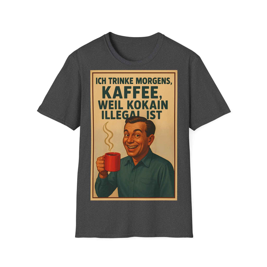 Ein anthrazitfarbenes T‑Shirt in Frontansicht zeigt ein retro 50er‑Jahre Kaffee‑Motiv mit Slogan, von True Insights.