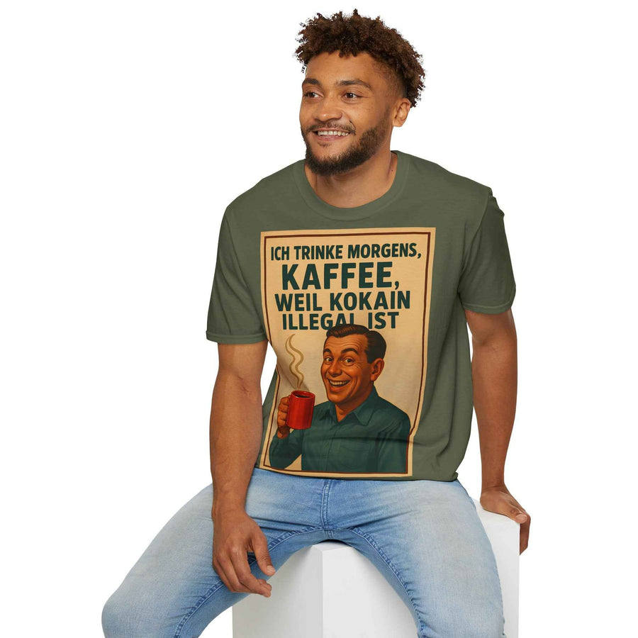 Anthrazitfarbenes T‑Shirt in Frontansicht mit Retro-50er-Jahre-Schriftzug, das ein sarkastisches Morgenmotiv zeigt, von True Insights.