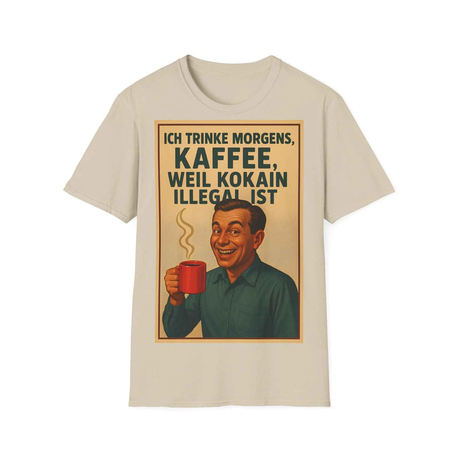 Ein anthrazitfarbenes T-Shirt zeigt frontal ein 50er‑Retro-Design mit ironischem Kaffeetext und Grafik von True Insights.