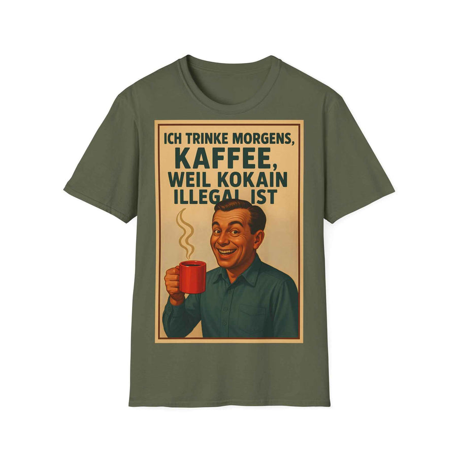 Die Frontansicht zeigt ein anthrazitfarbenes T‑Shirt mit retro 50er-Jahre Kaffee-Slogan und grafischem Print von True Insights.