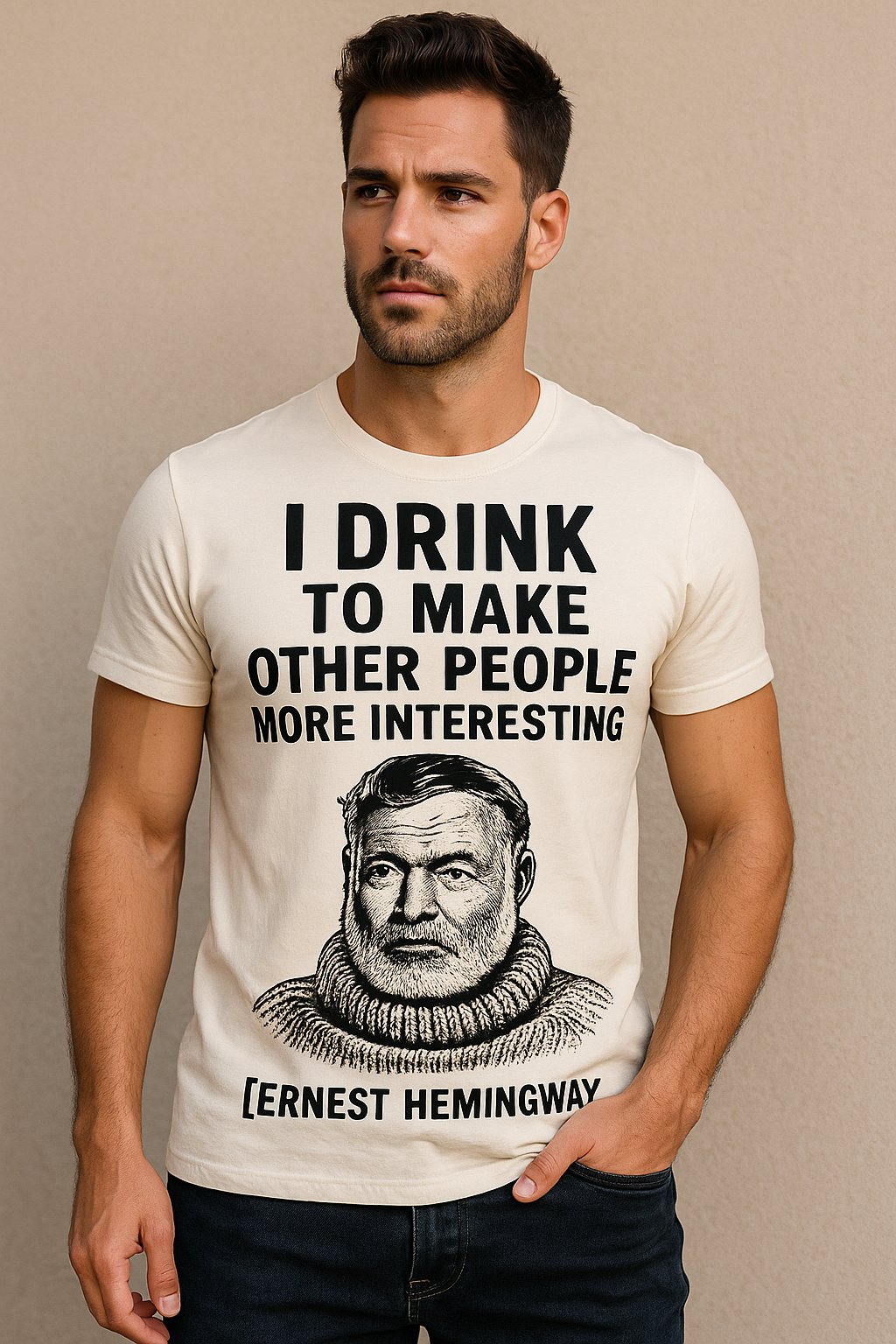 „I drink to make other people more interesting.“ no Background – Ernest Hemingway – Freches Satire-Design für mutige Statements | True Insights