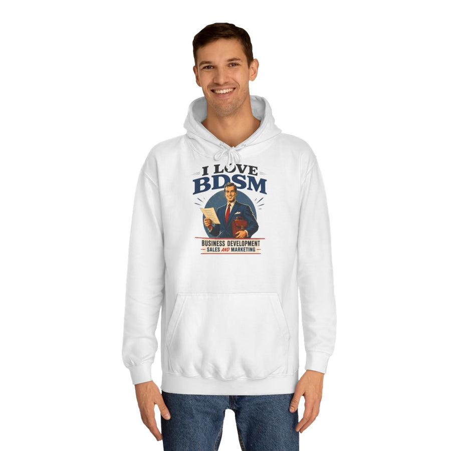 Lustiger Hoodie „I Love BDSM – Business Development, Sales & Marketing“ – Arctic White – von Mann getragen