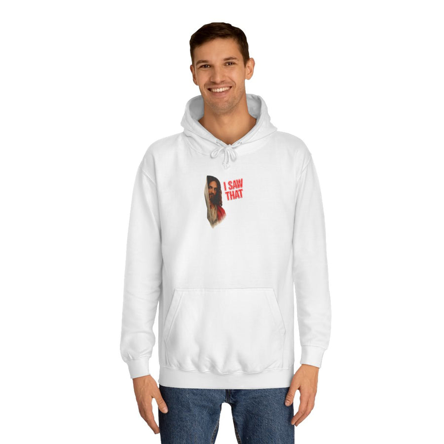 Jesus Hoodie „I Saw That“ – Religiöser Humor mit Augenzwinkern – Arctic White – von Mann getragen