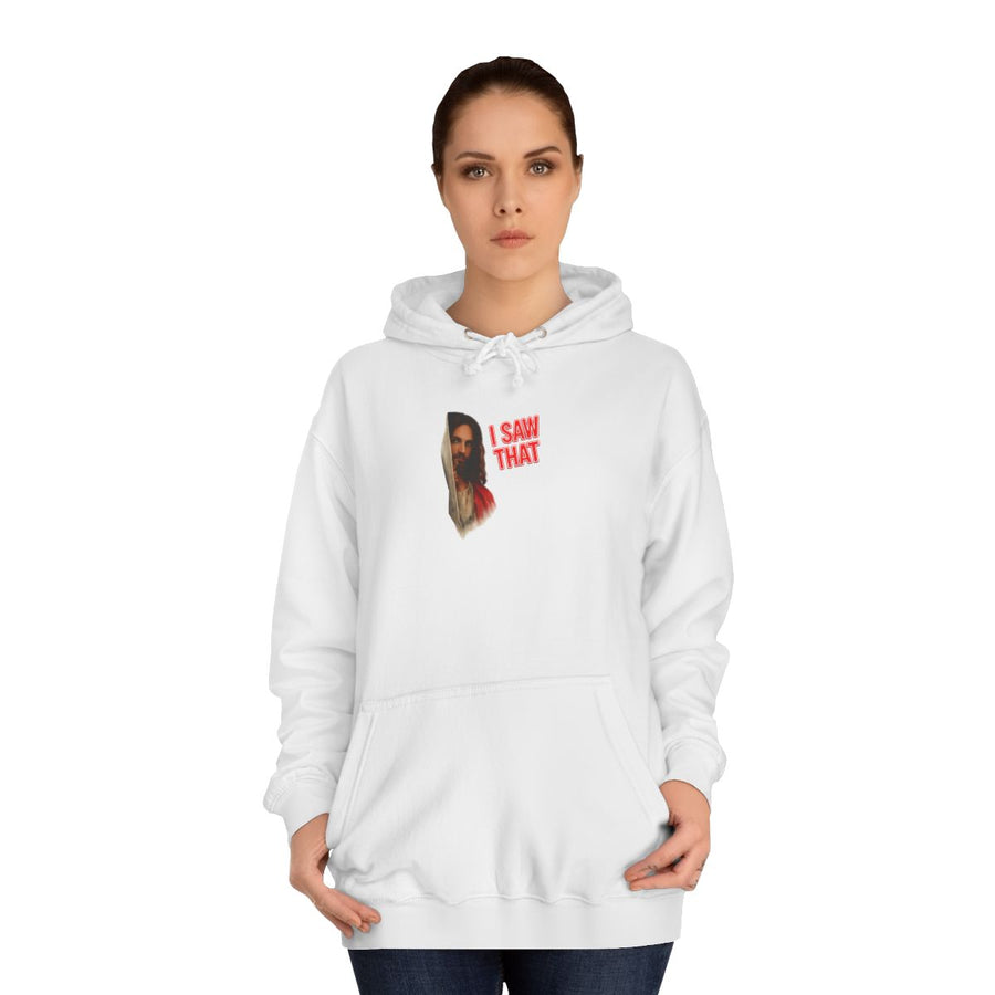 Jesus Hoodie „I Saw That“ – Religiöser Humor mit Augenzwinkern – Arctic White – von Frau getragen