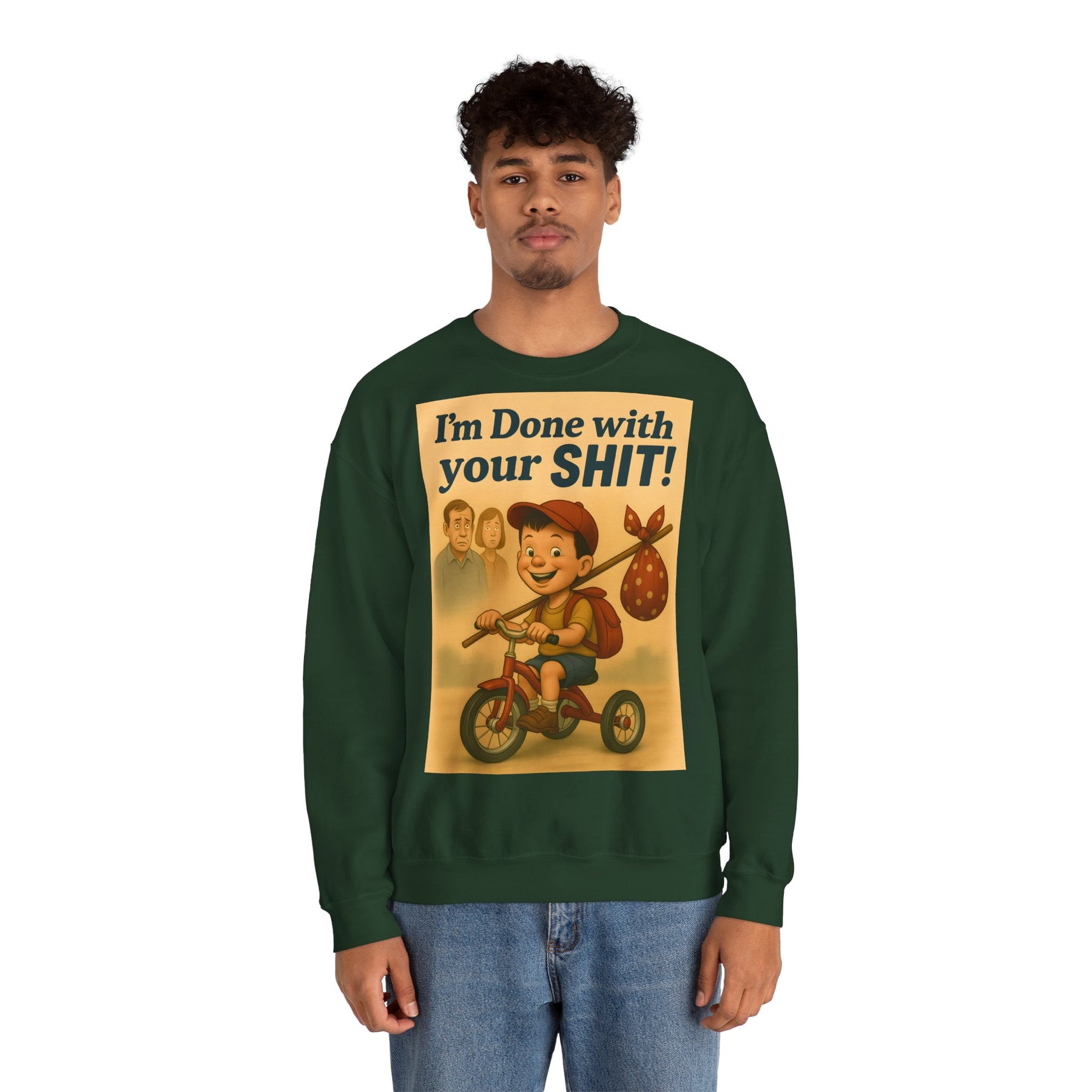 Aschgraues Sweatshirt zeigt lachenden Jungen auf Dreirad, schockierte Erwachsene und den Schriftzug „I'm Done“ von True Insights.
