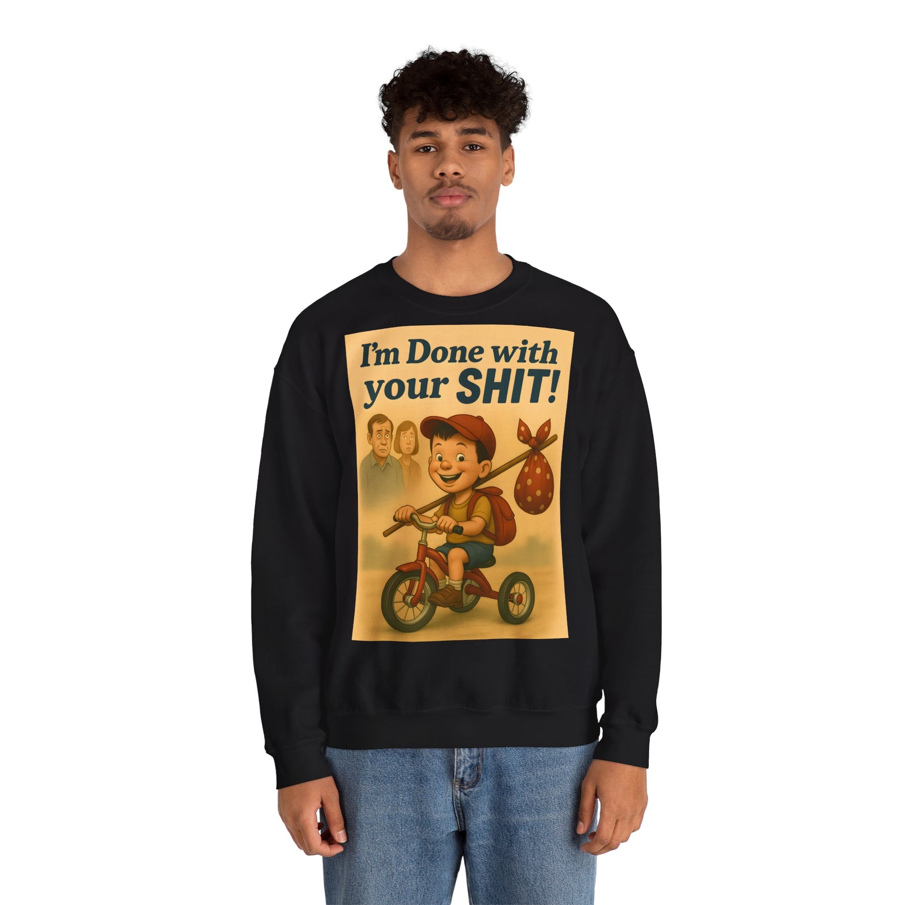 Zeigt ein aschgraues Sweatshirt in Frontansicht mit Retro-Dreiradmotiv und frechem Schriftzug, von True Insights.