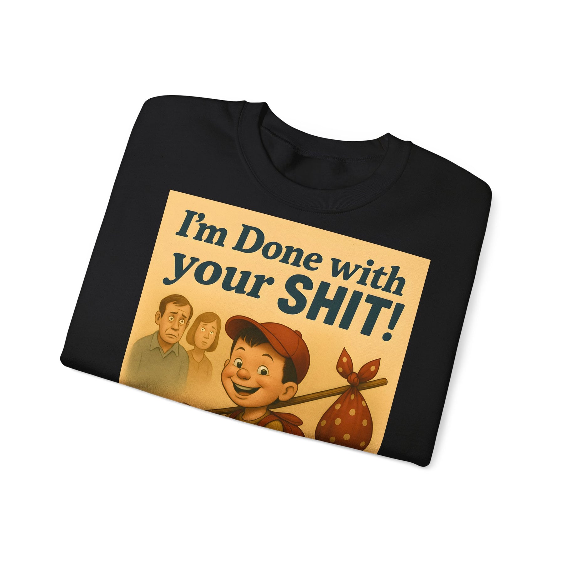 Zeigt ein aschgraues Sweatshirt mit Retro-Illustration eines lachenden Jungen auf Dreirad, frechem Schriftzug und schockierten Figuren, von True Insights.