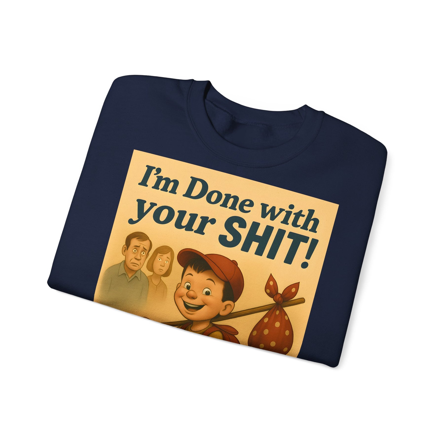 Das aschgraue Sweatshirt zeigt frontal ein Retro-Dreiradmotiv mit frechem Spruch und schockierten Figuren, von True Insights.
