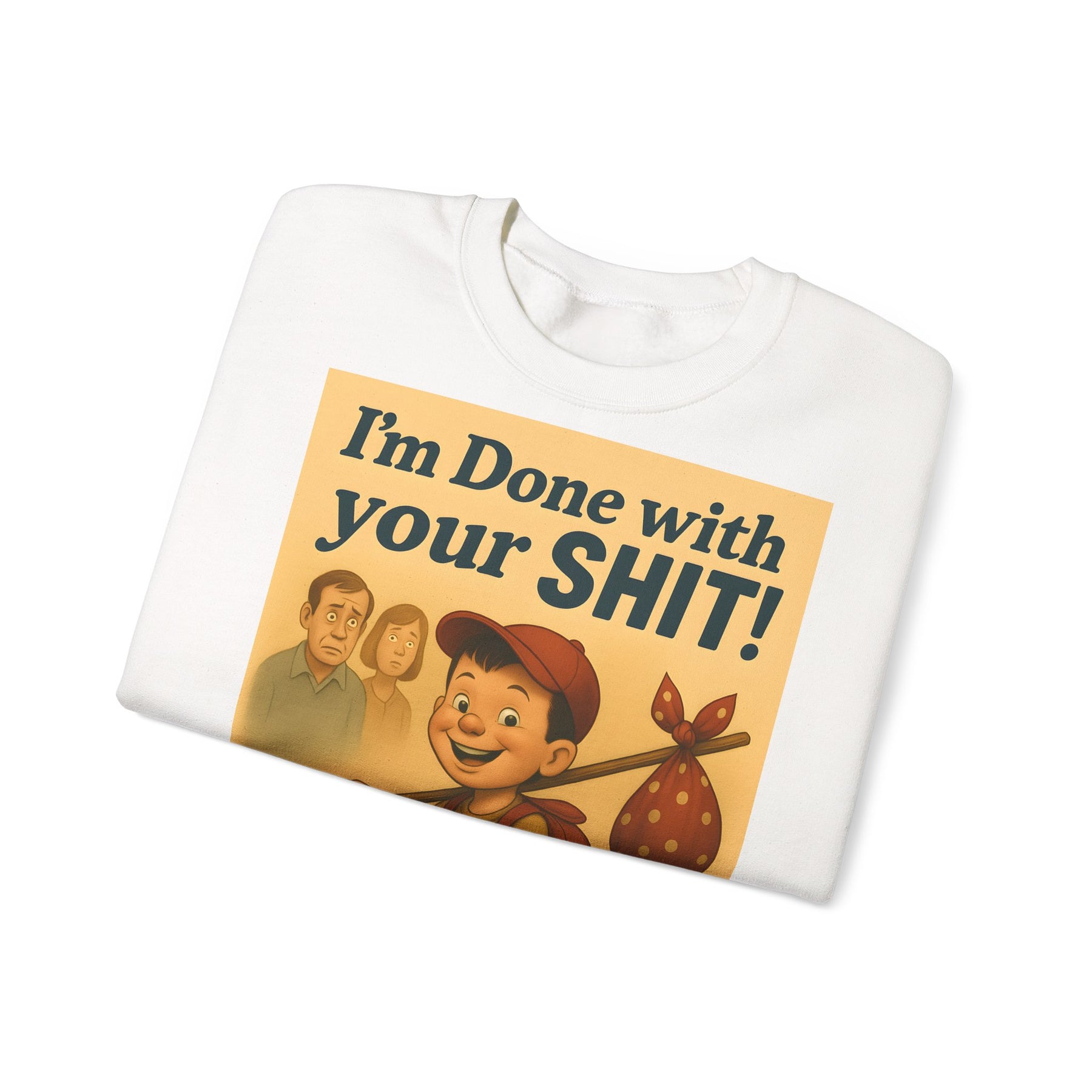 Zeigt ein aschengraues Sweatshirt mit grinsendem Jungen auf Dreirad und frechem Schriftzug, aus dem Sortiment von True Insights.