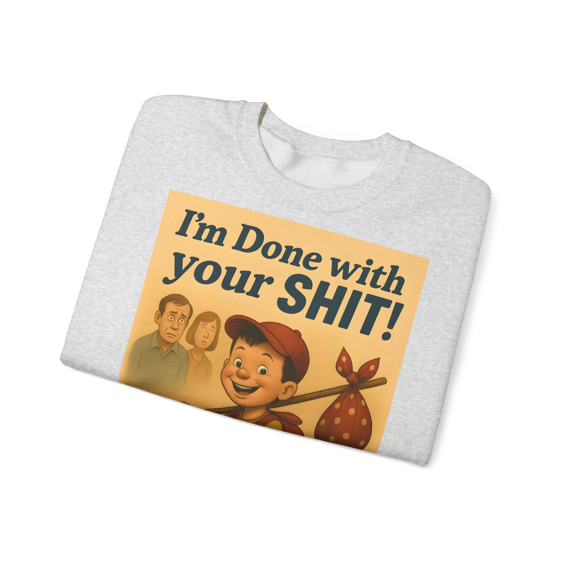 Aschgraues Sweatshirt zeigt Retro-Motiv mit grinsendem Jungen auf Dreirad und zwei schockierten Erwachsenen, von True Insights.