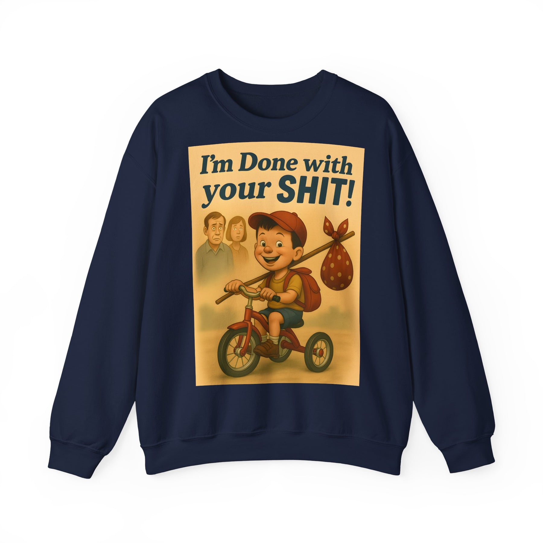Das aschgraue Sweatshirt zeigt einen Jungen auf einem Dreirad, Erwachsene im Hintergrund und den frechen Spruch von True Insights.