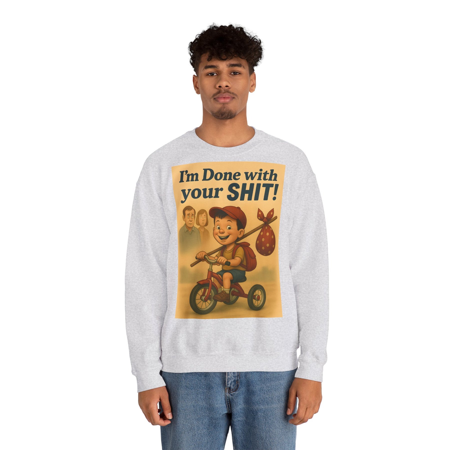 Das aschgraue Sweatshirt zeigt in Frontansicht ein Retro-Design mit frechem Schriftzug und Dreirad-Illustration, von True Insights.