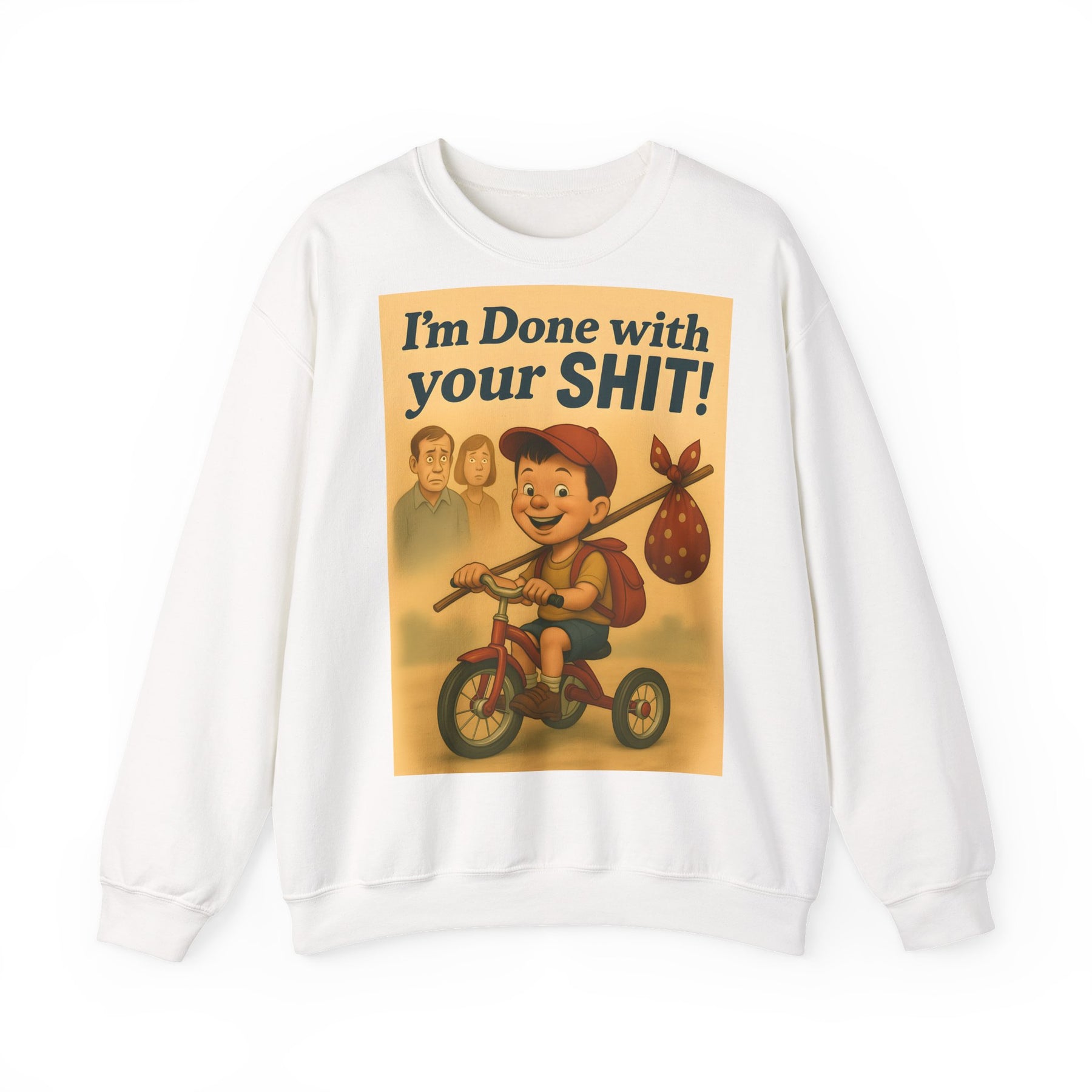 Das aschgraue Sweatshirt zeigt ein Retro-Motiv mit grinsendem Dreirad-Jungen, frechem Schriftzug und schockierten Erwachsenen, von True Insights.