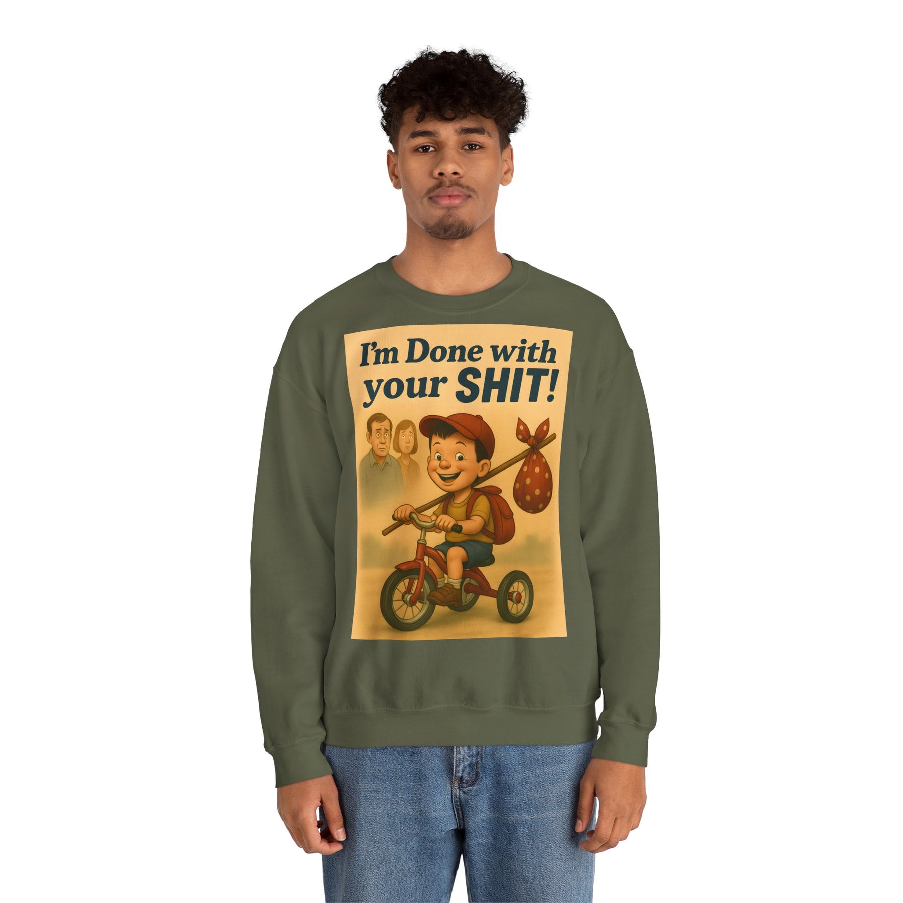 Ein aschengraues Sweatshirt zeigt ein Retro-Dreirad und den frechen Schriftzug I'm Done with Your SHIT vorn, von True Insights.