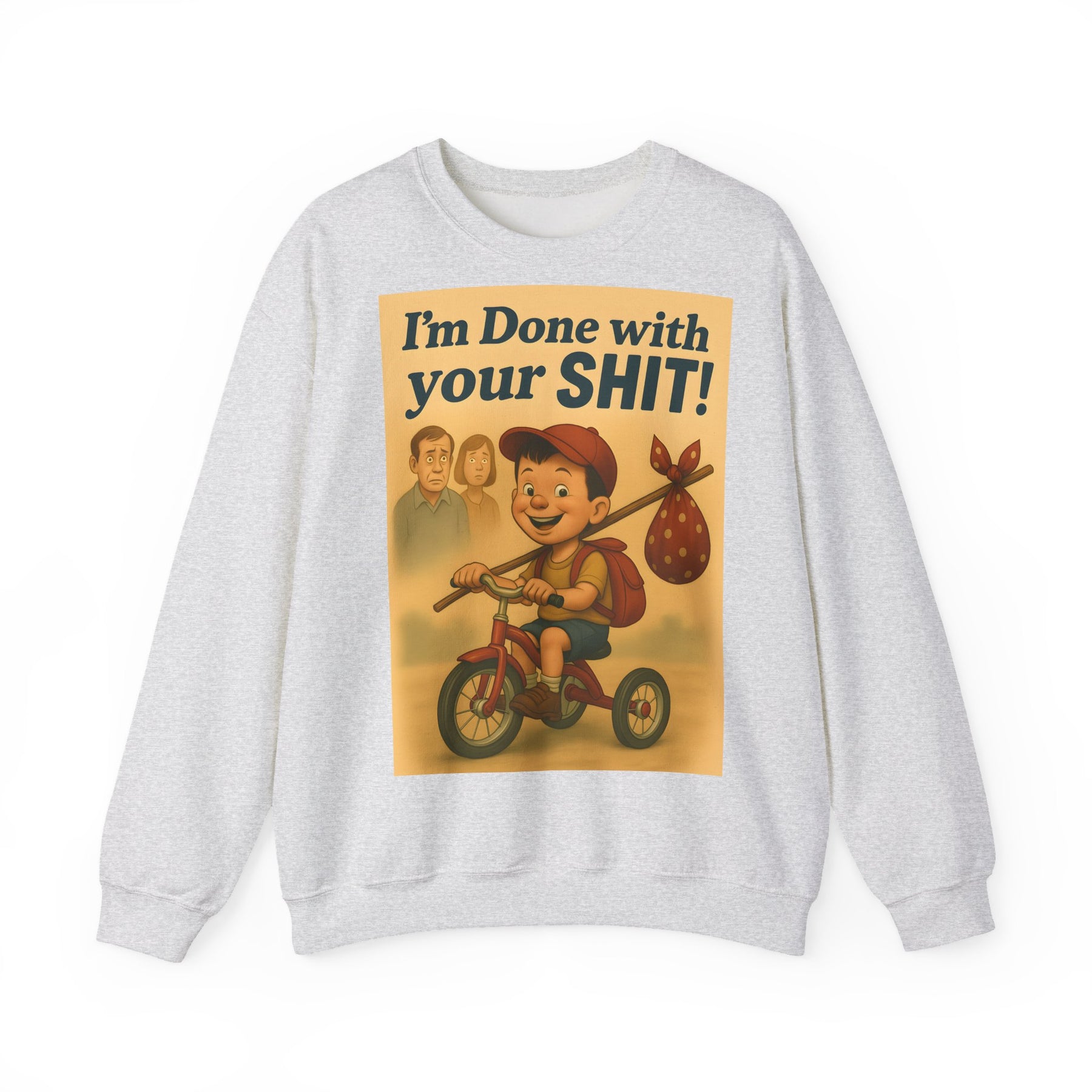 Zeigt ein aschgraues Sweatshirt mit Retro-Dreirad-Motiv und großem frechem Schriftzug, fotografiert in Frontansicht von True Insights.