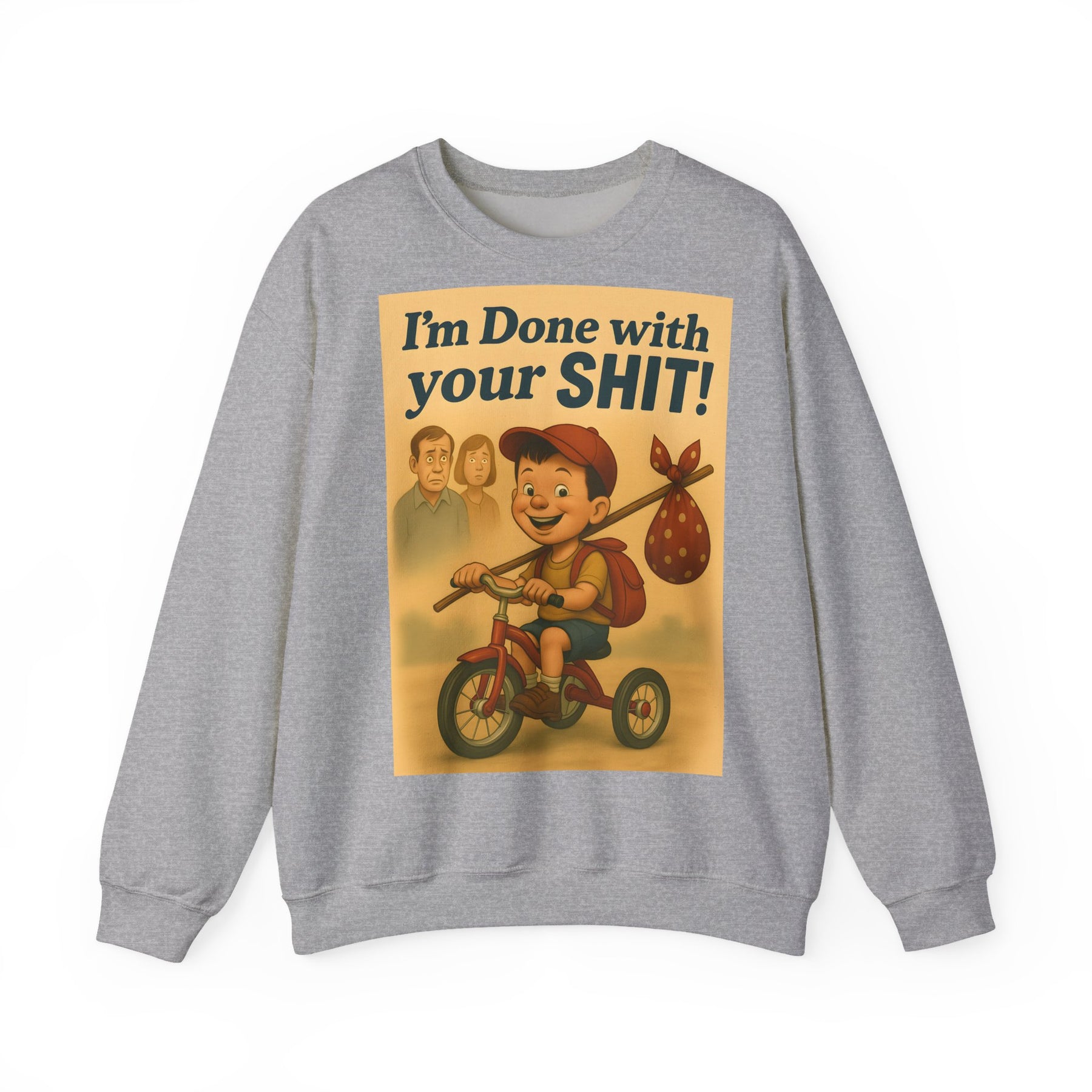 Zeigt ein aschgraues Sweatshirt mit Retro-Dreirad-Motiv und frechem Schriftzug auf der Vorderseite von True Insights.