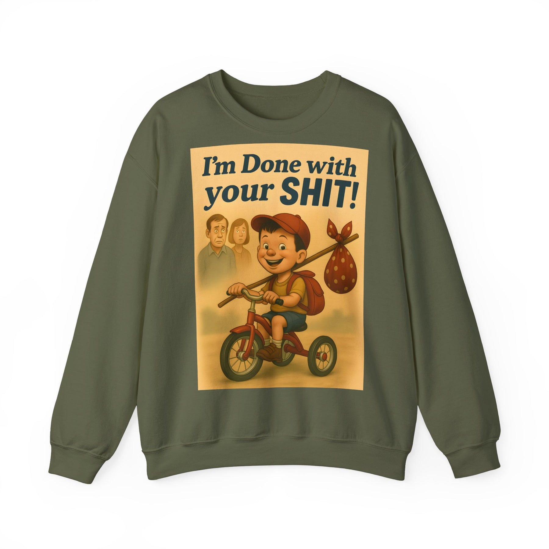 Aschengraues Sweatshirt in Frontansicht zeigt ein Retro-Dreiradmotiv und den frechen Schriftzug von True Insights.