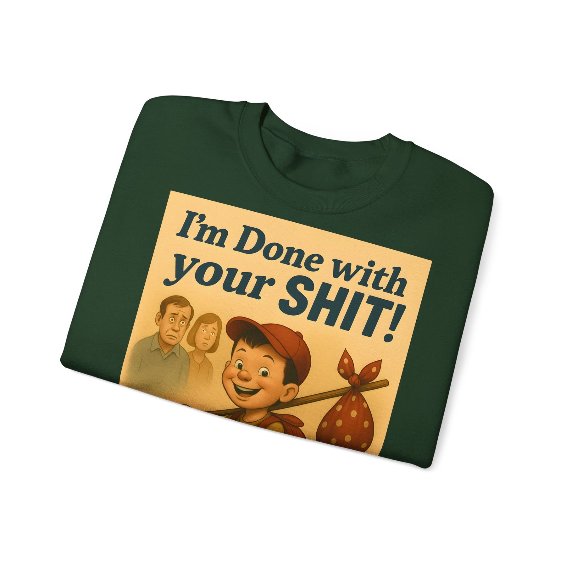 Das aschgraue Sweatshirt zeigt einen grinsenden Jungen auf einem Dreirad vor entsetzten Erwachsenen sowie den frechen Spruch, von True Insights.