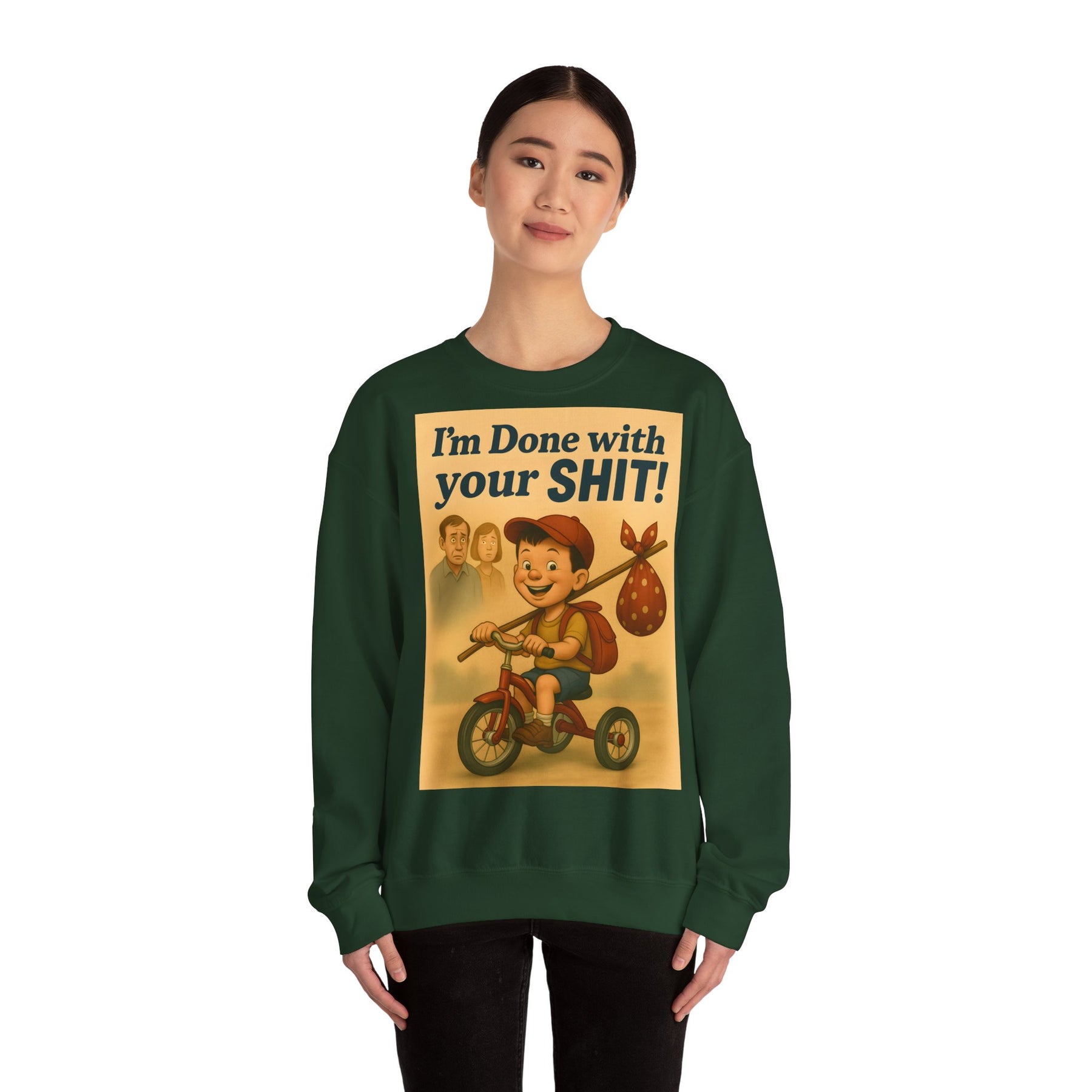 Ein aschgraues Sweatshirt zeigt einen lachenden Jungen auf Dreirad und den frechen englischen Spruch, von True Insights.