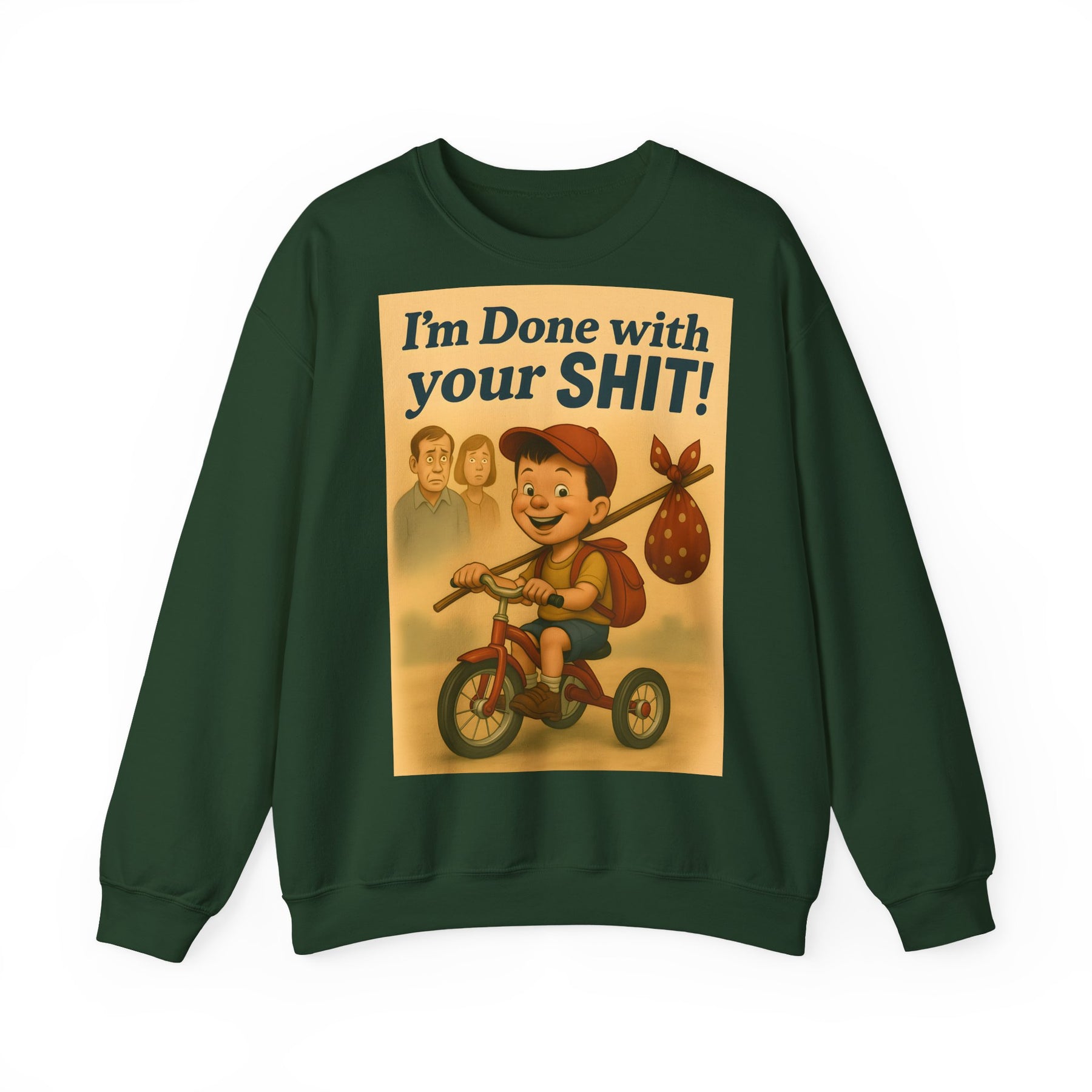 Ein aschgraues Sweatshirt in Frontansicht zeigt ein Retro-Motiv mit Dreirad-Junge, schockierten Erwachsenen und dem Schriftzug „I’m Done with Your SHIT“ von True Insights.