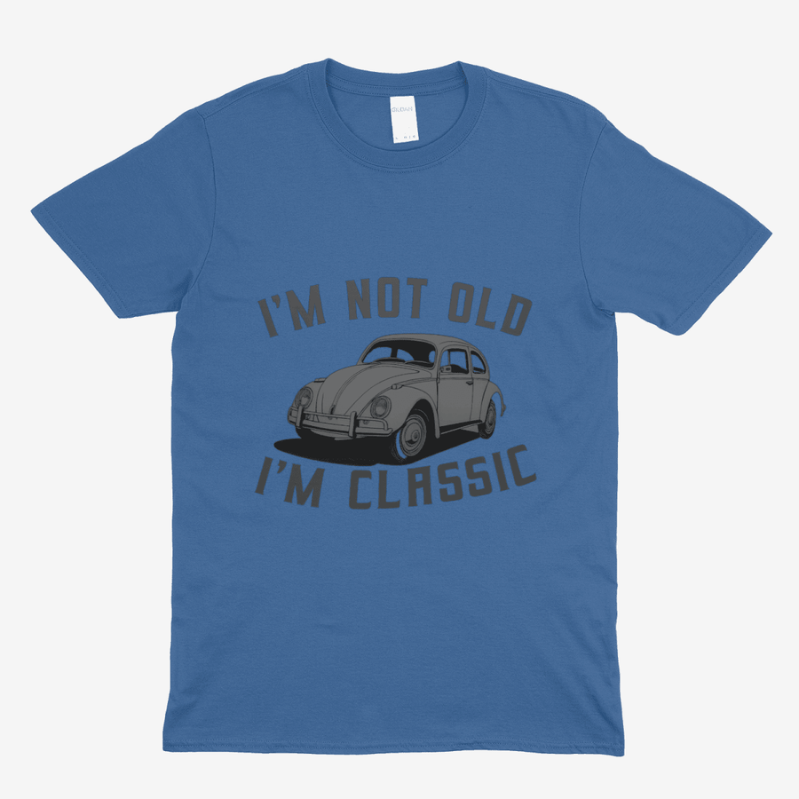 Stahlblaues T-Shirt mit Vintage-Design eines VW Käfers und Schriftzug I'm Not Old I'm Classic von True Insights.