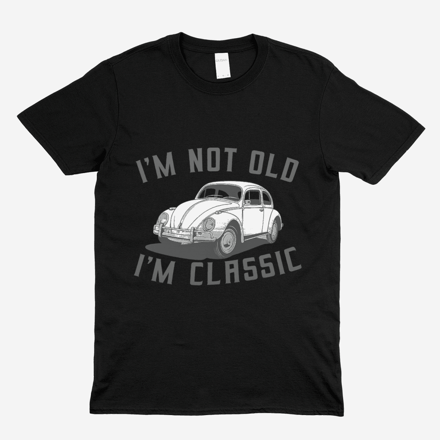 Schwarzes T-Shirt mit Vintage-Design eines VW Käfers und dem Text I'm Not Old, I'm Classic in grauer Schrift, True Insights.